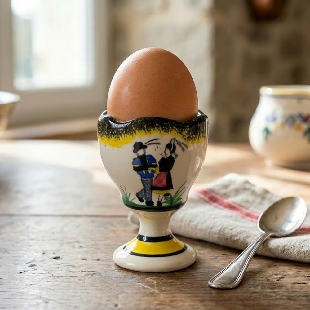 Rare Henriot Quimper Faience Egg Cup – Hand-Painted Breton Couple
